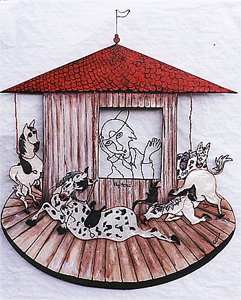 Fil de fer, rsine, countre-plaque, painture a huile. Vendu.