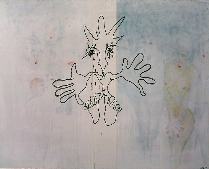 Fils de cuivre, painture a huile sur contre-plaque. 180cmX146cm. Prix12000Fr.